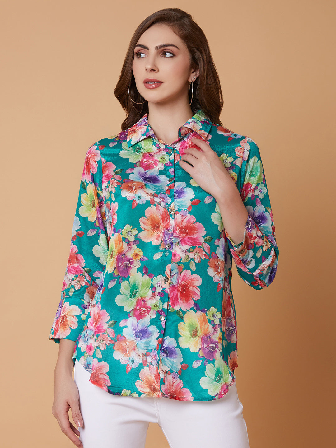 Women Floral Green Shirt