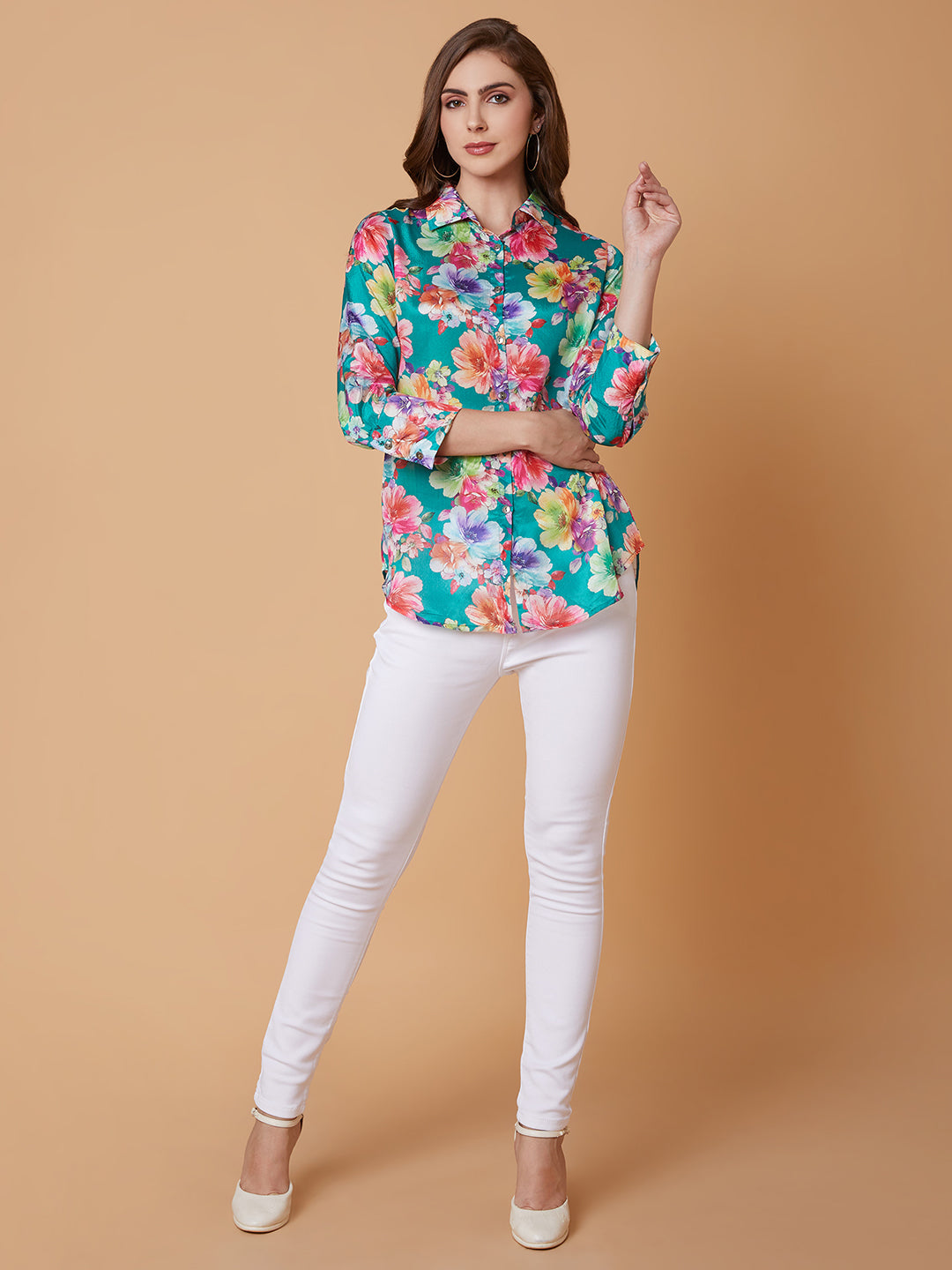 Women Floral Green Shirt