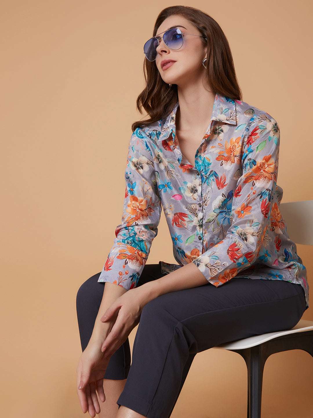 Women Floral Grey Shirt