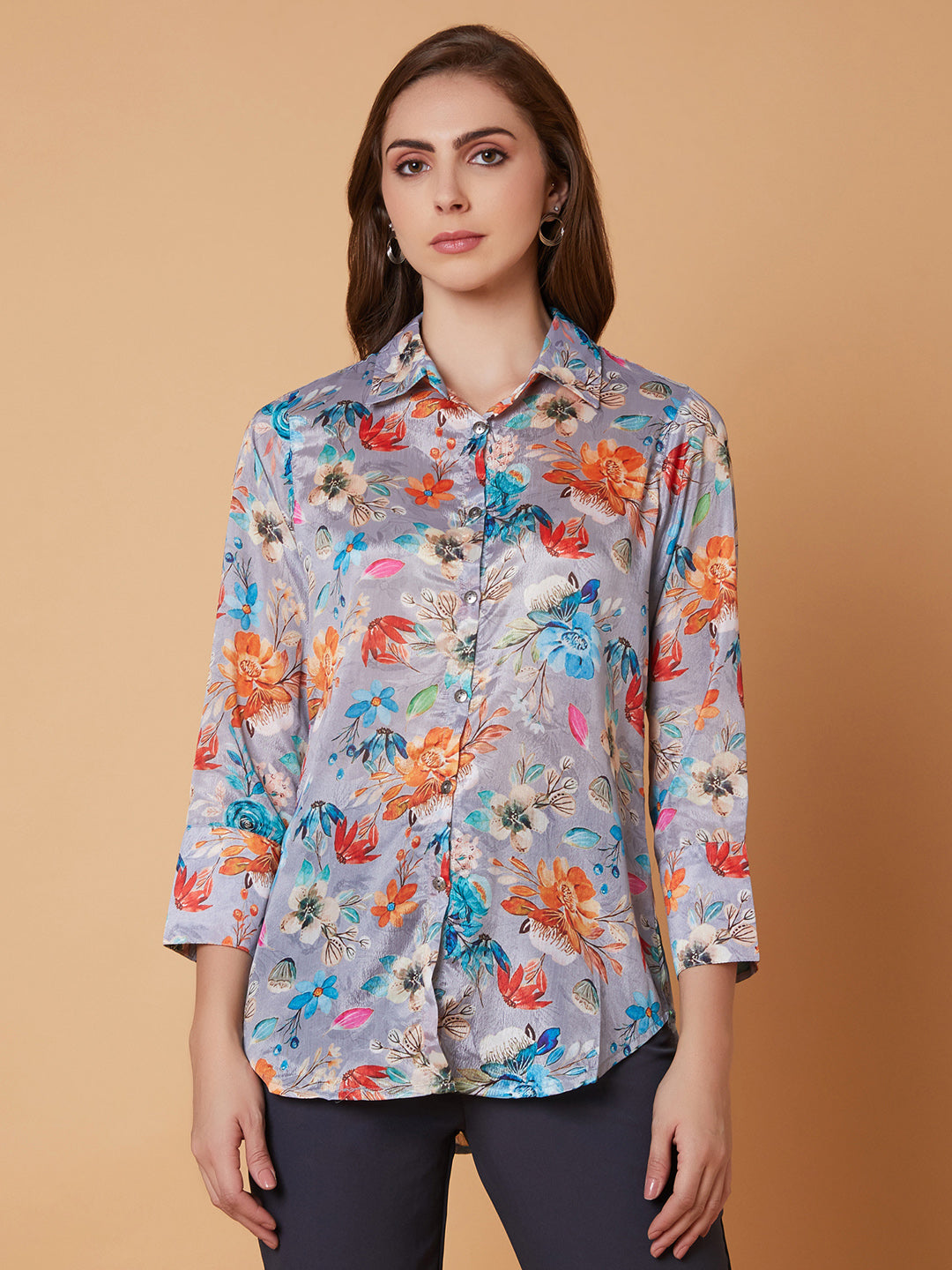 Women Floral Grey Shirt