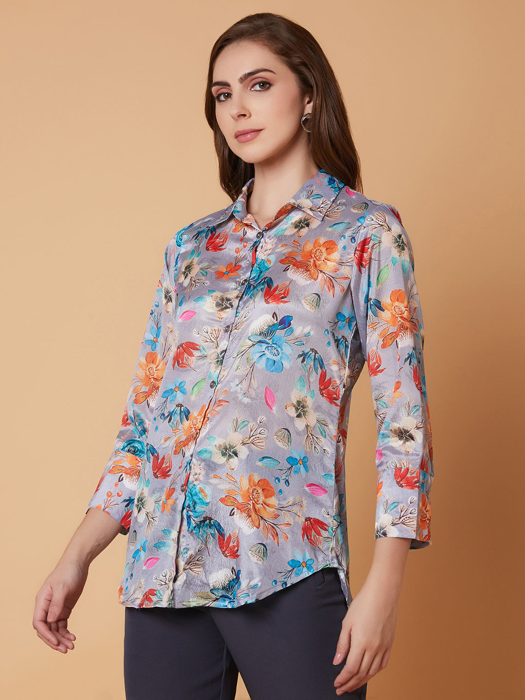 Women Floral Grey Shirt