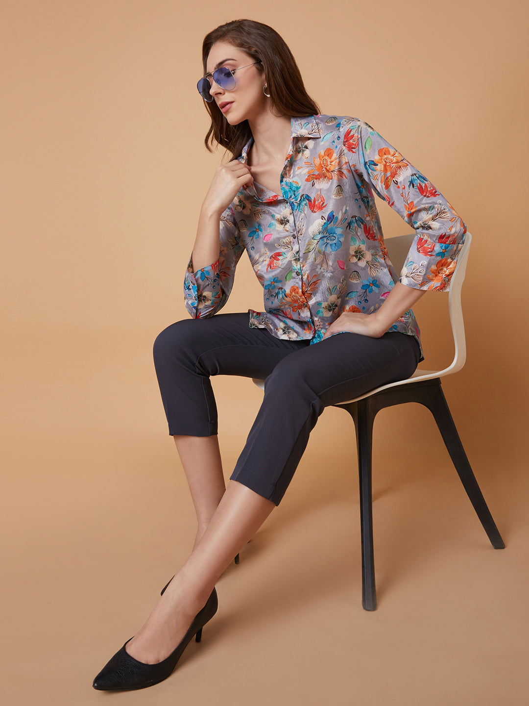 Women Floral Grey Shirt