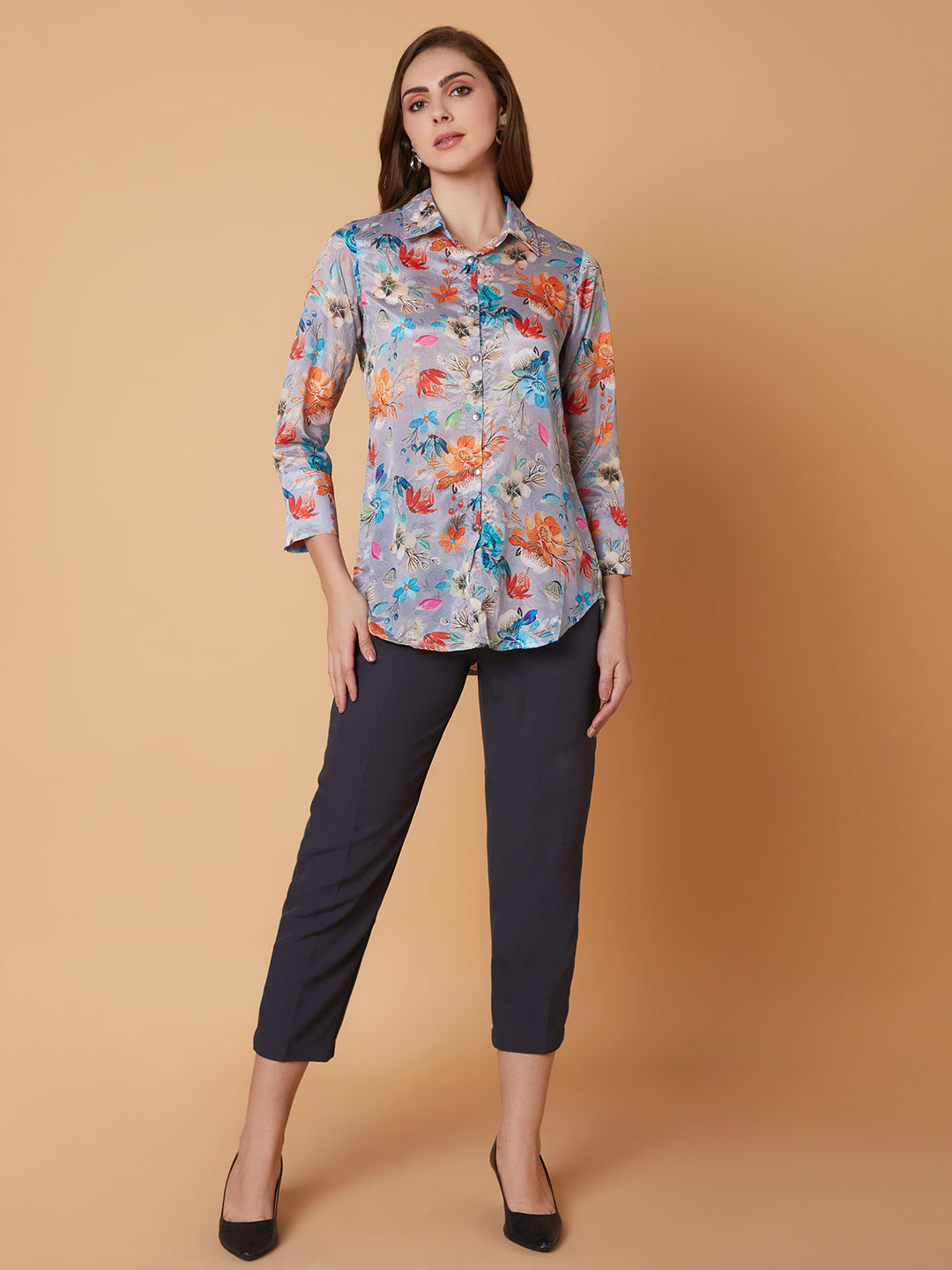 Women Floral Grey Shirt