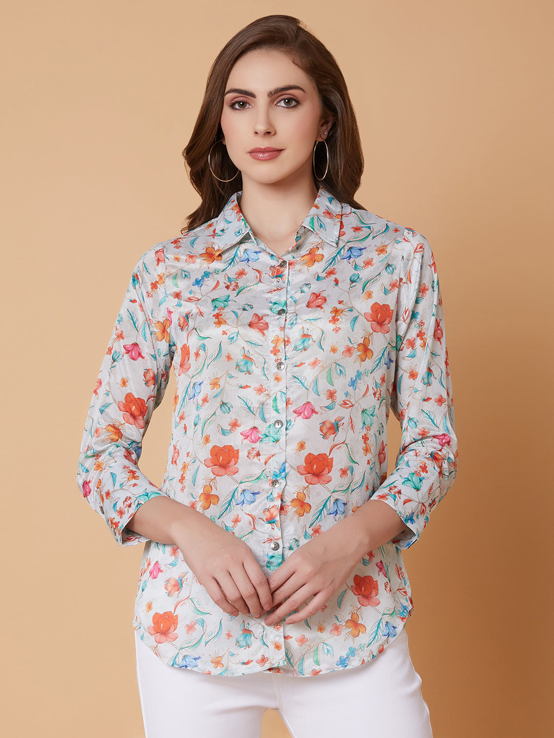 Women Floral Sea Green Shirt