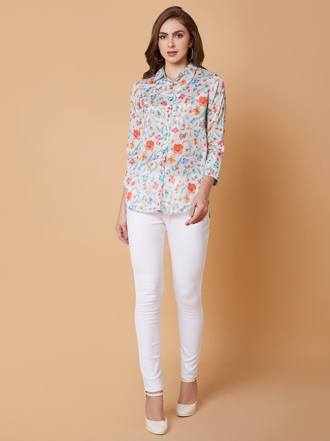 Women Floral Sea Green Shirt