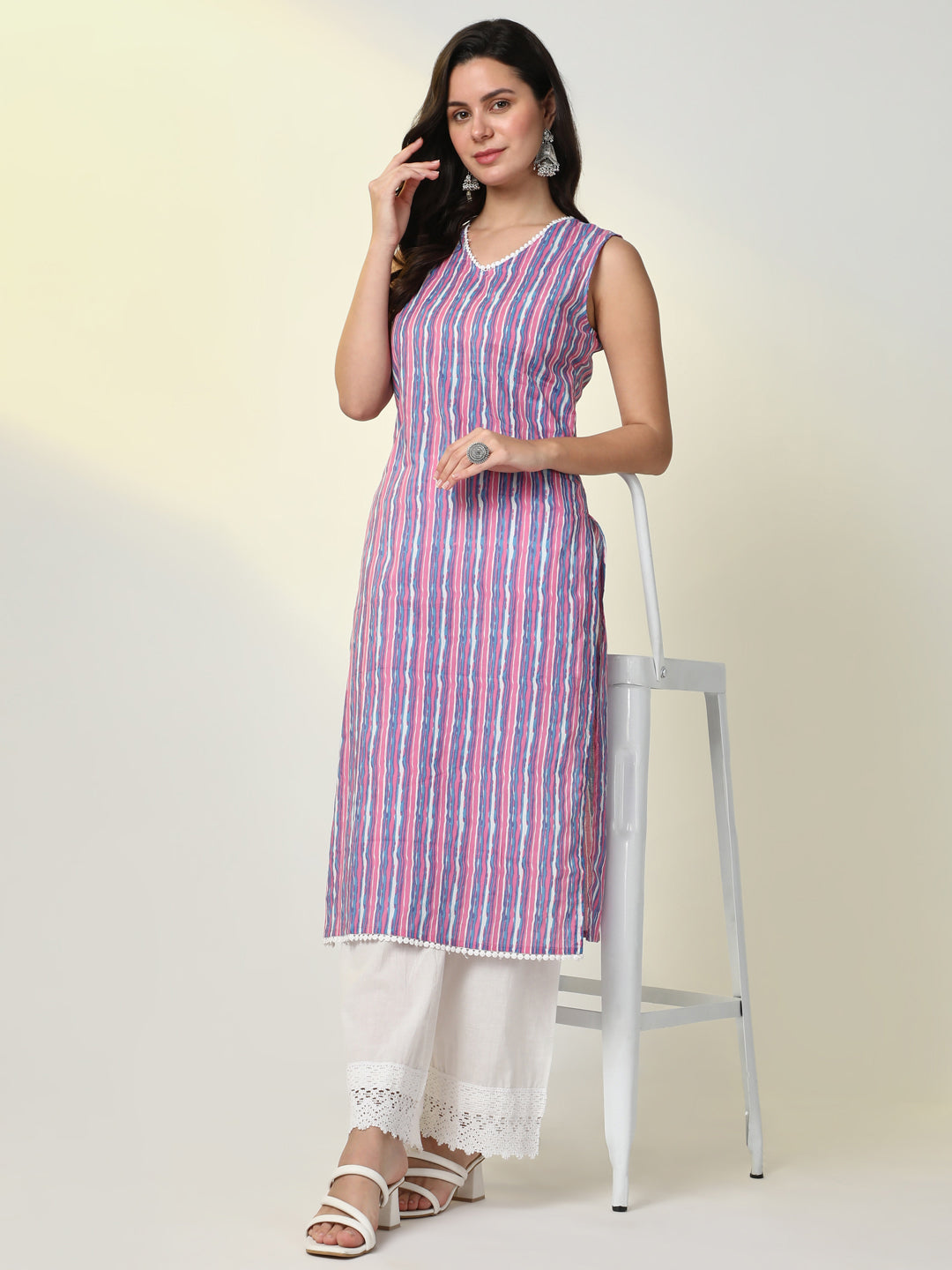 Women Purple Striped Straight Kurta Set