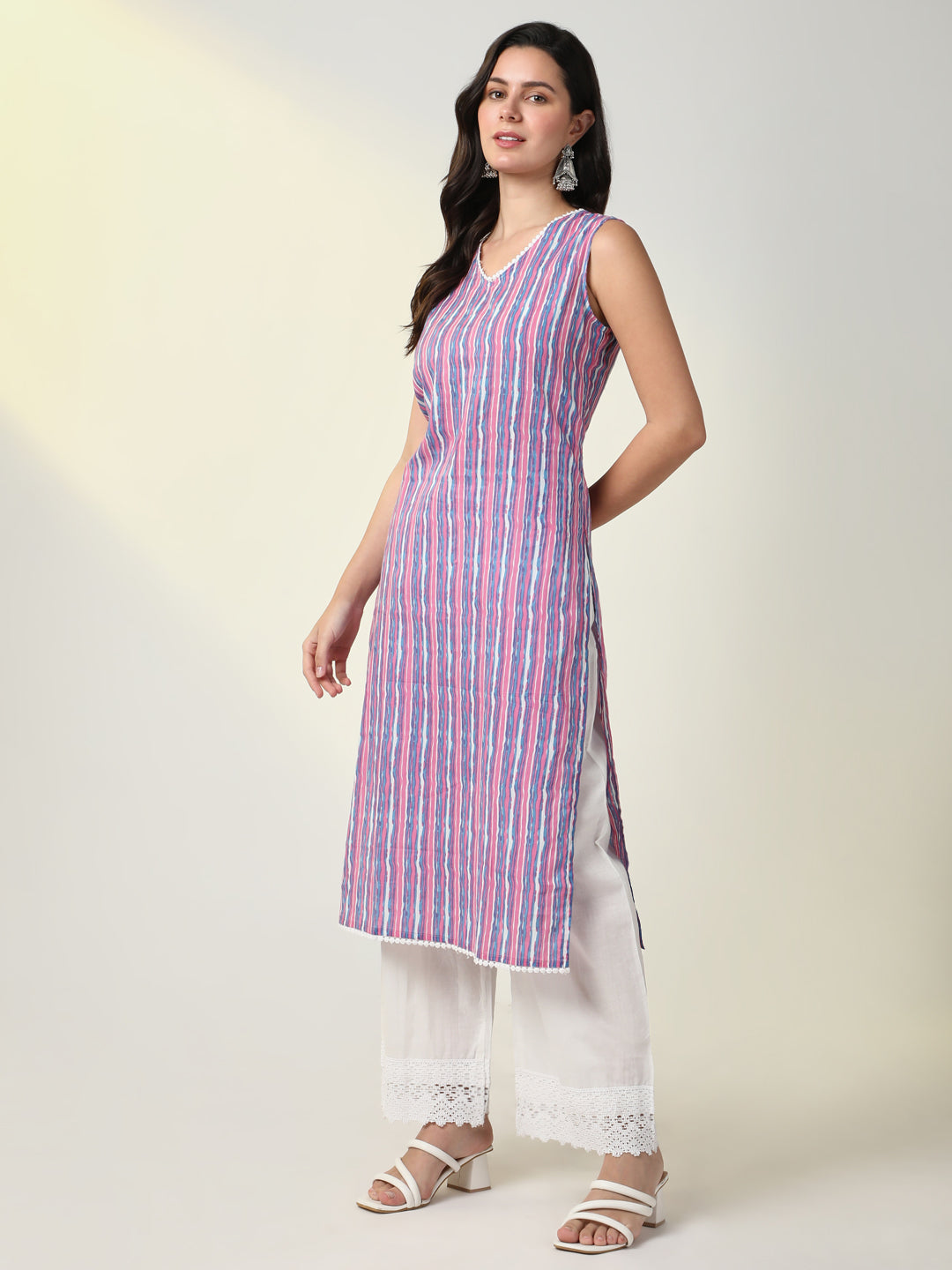 Women Purple Striped Straight Kurta Set