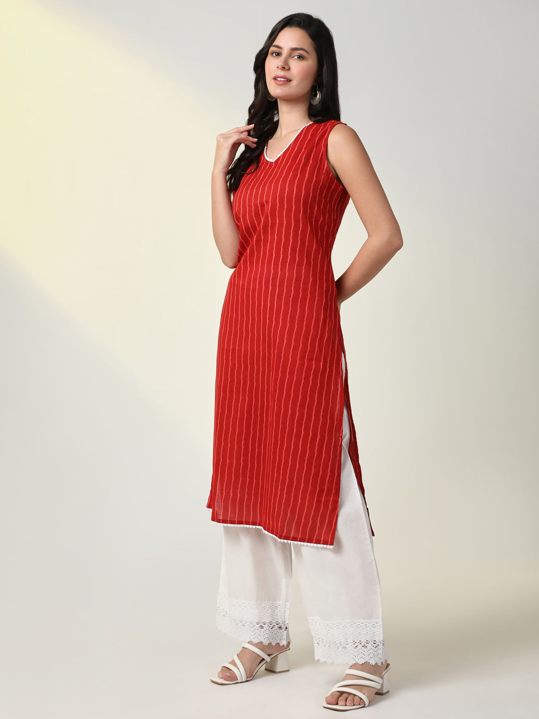 Women Red Striped Straight Kurta Set