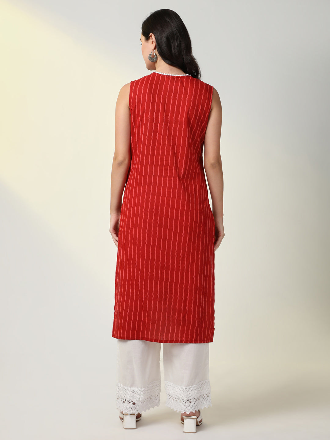 Women Red Striped Straight Kurta Set