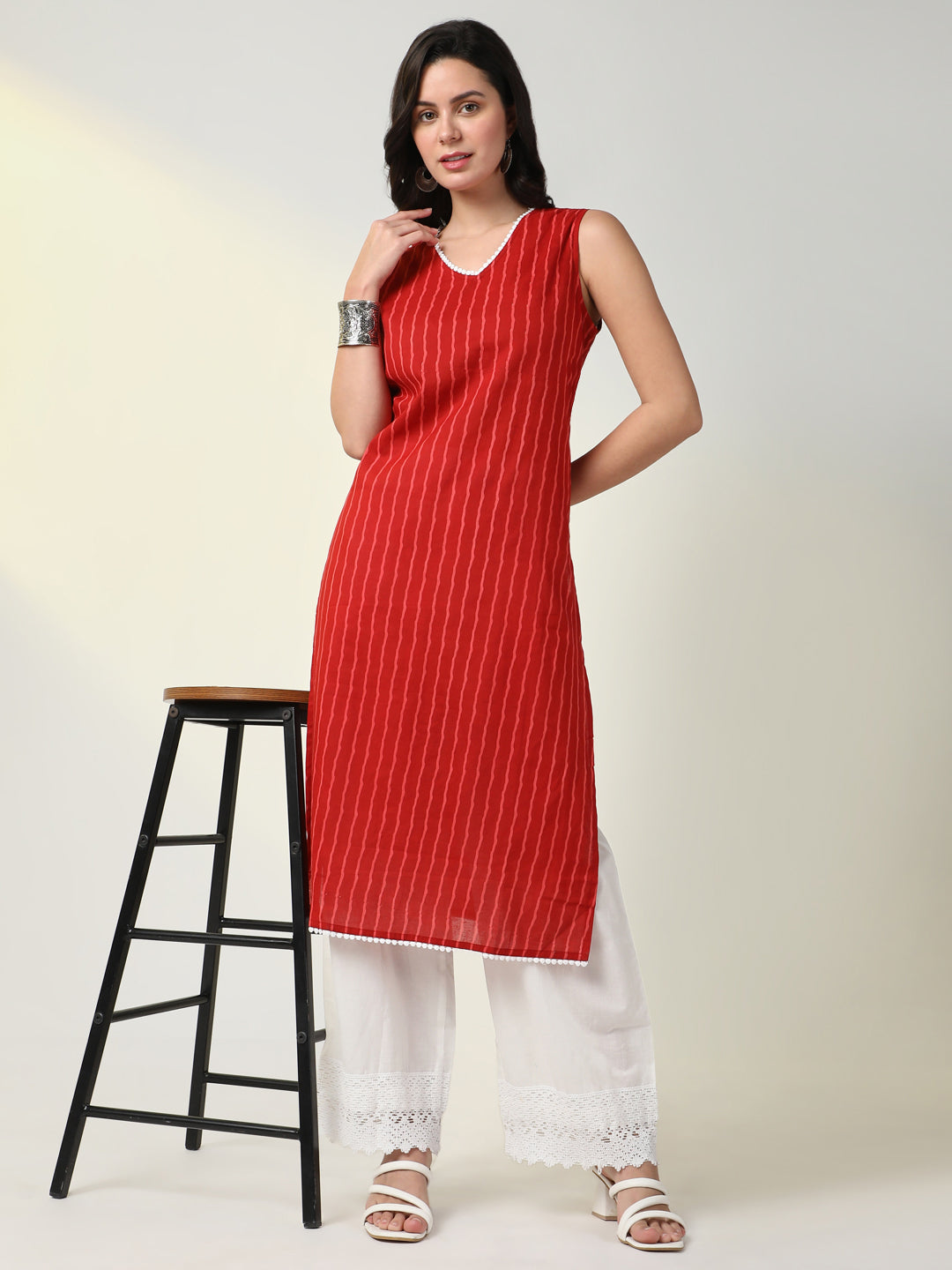 Women Red Striped Straight Kurta Set