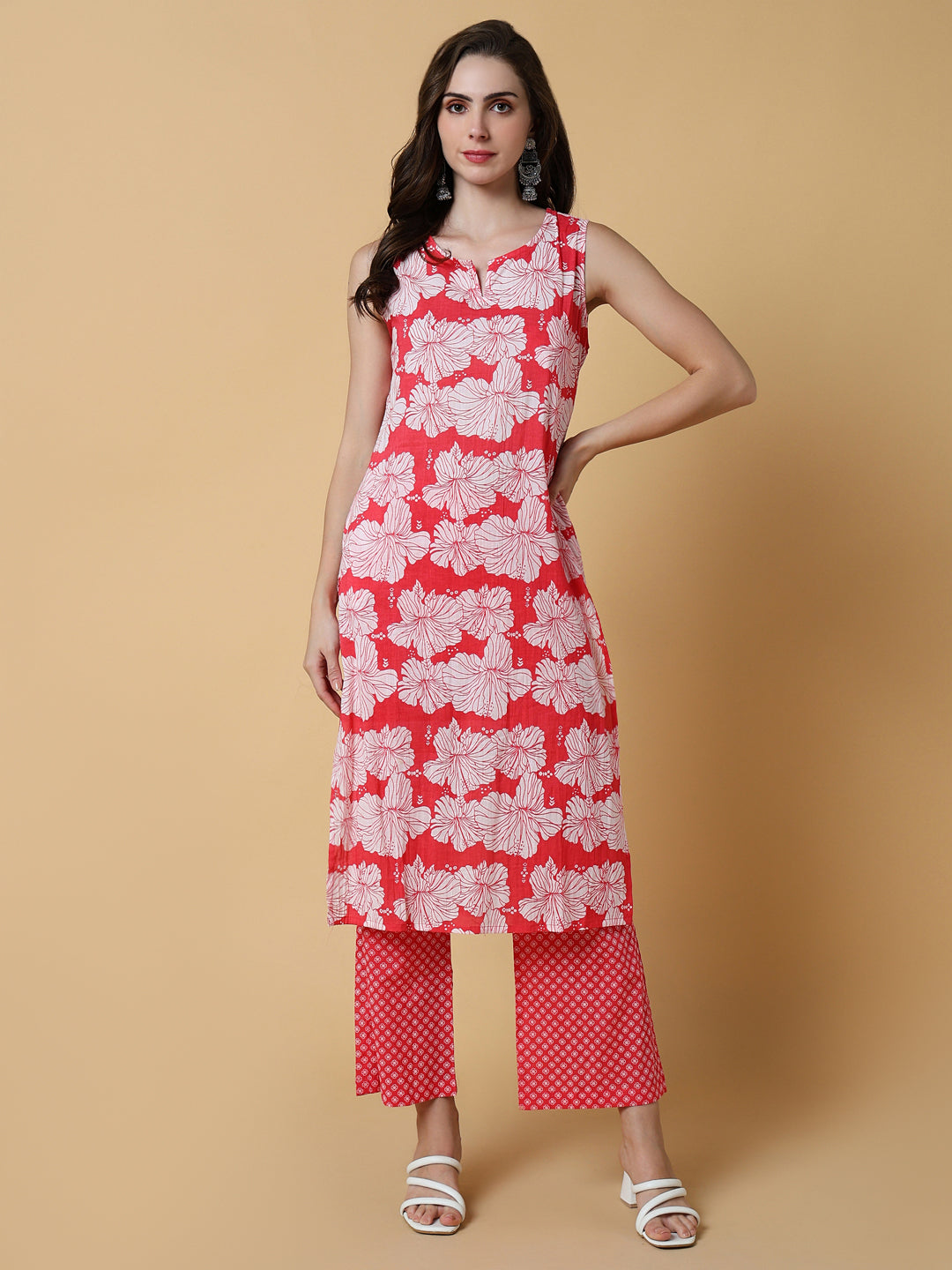 Women Floral Pink Straight Kurta Set