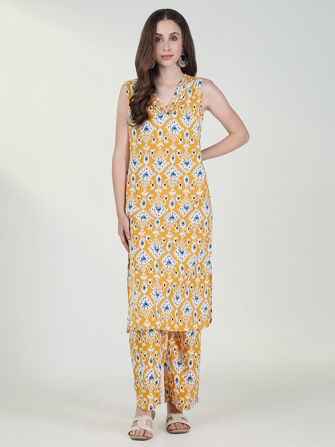 Women Graphic Mustard Straight Kurta Set