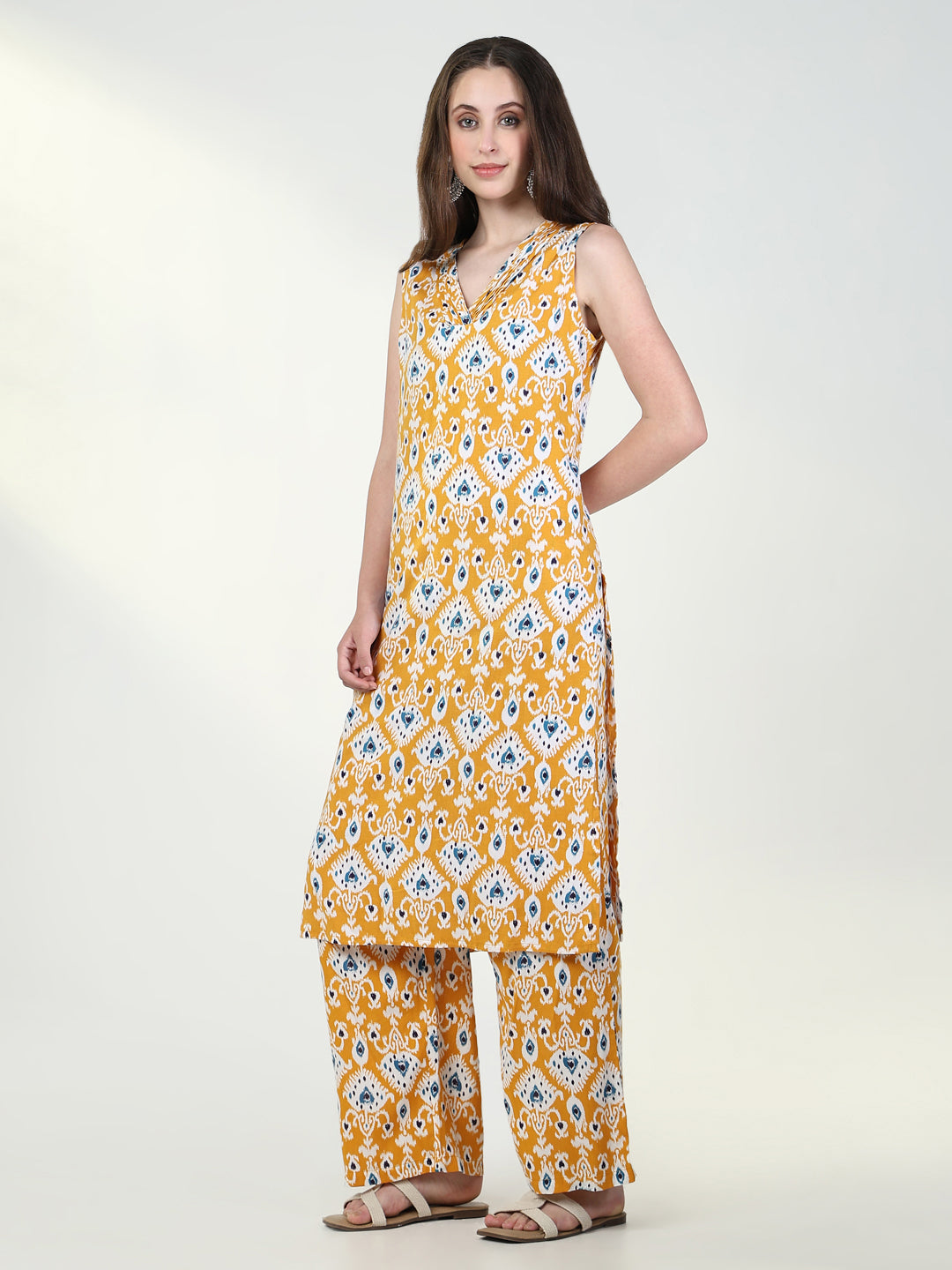 Women Graphic Mustard Straight Kurta Set