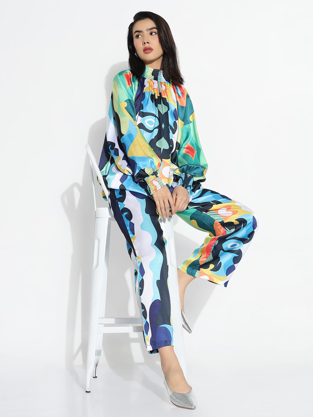 Women Blue Printed High Neck Co-ords Set