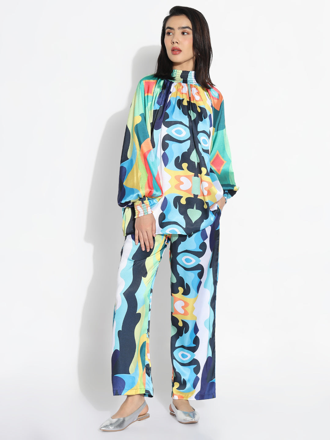 Women Blue Printed High Neck Co-ords Set