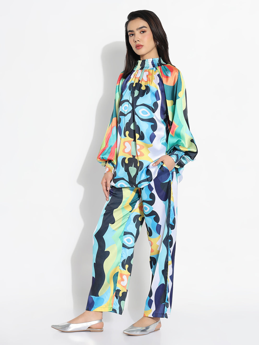 Women Blue Printed High Neck Co-ords Set