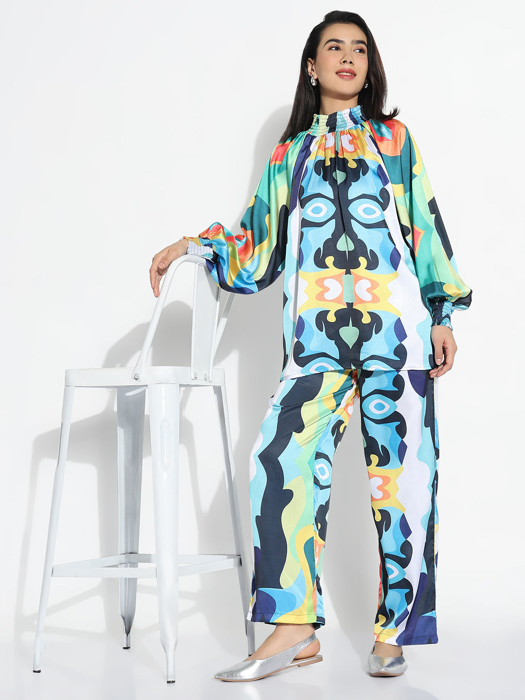 Women Blue Printed High Neck Co-ords Set