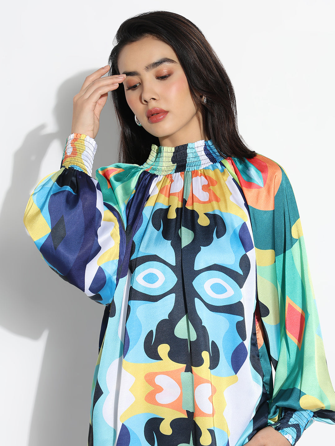 Women Blue Printed High Neck Co-ords Set