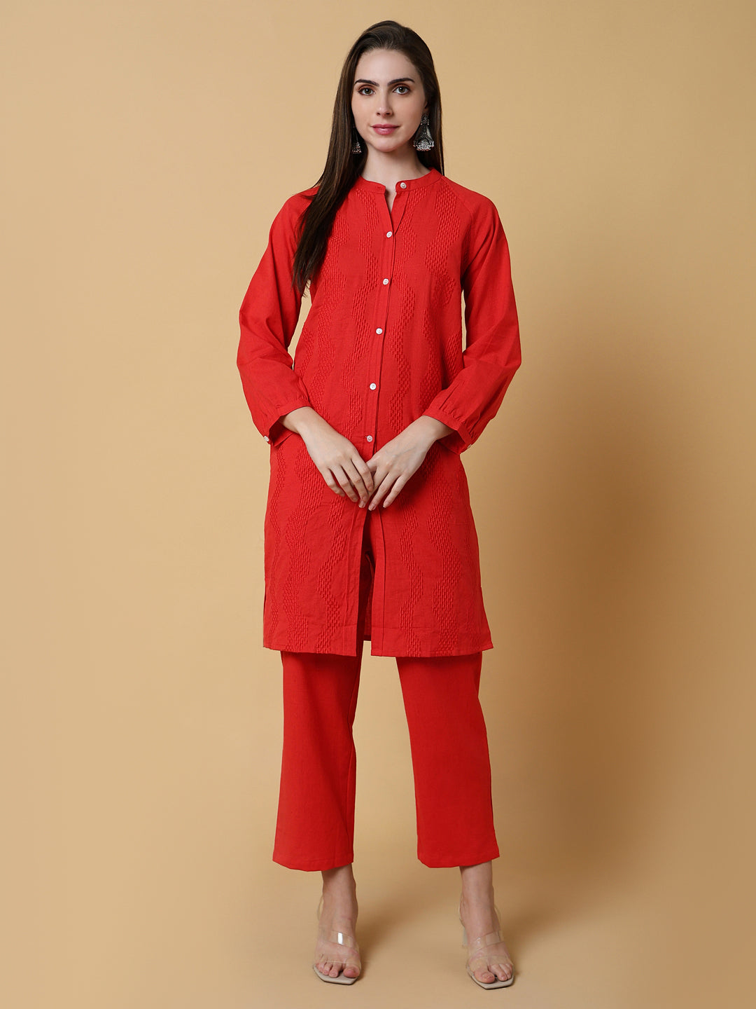 Women Solid Red Straight Kurta Set