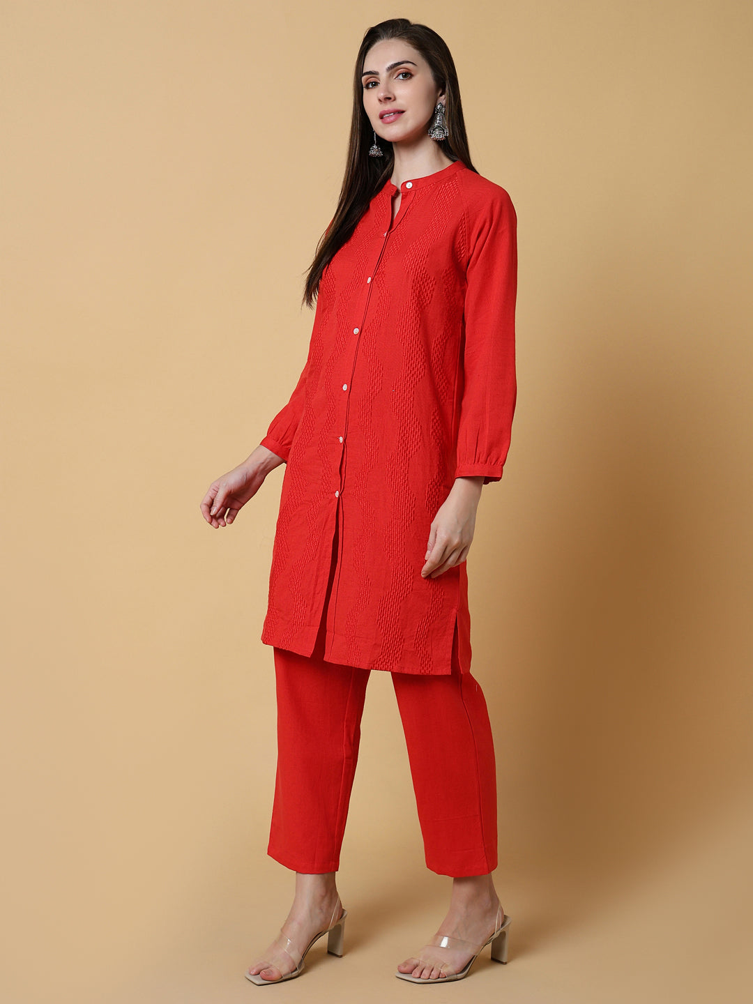 Women Solid Red Straight Kurta Set