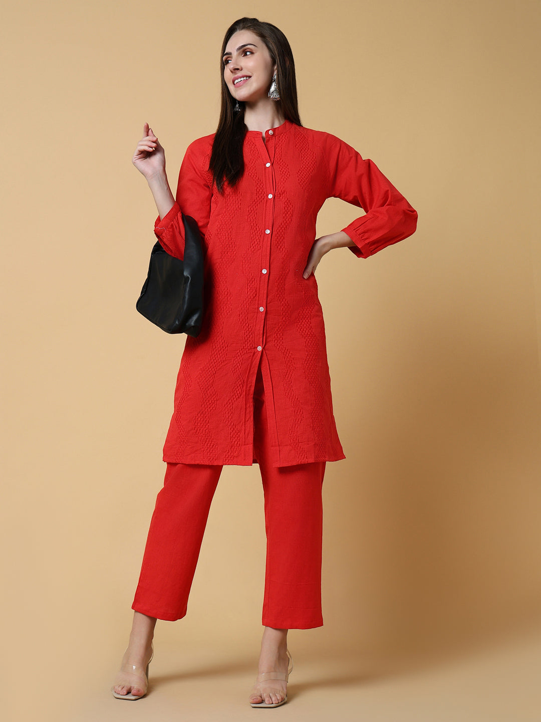 Women Solid Red Straight Kurta Set