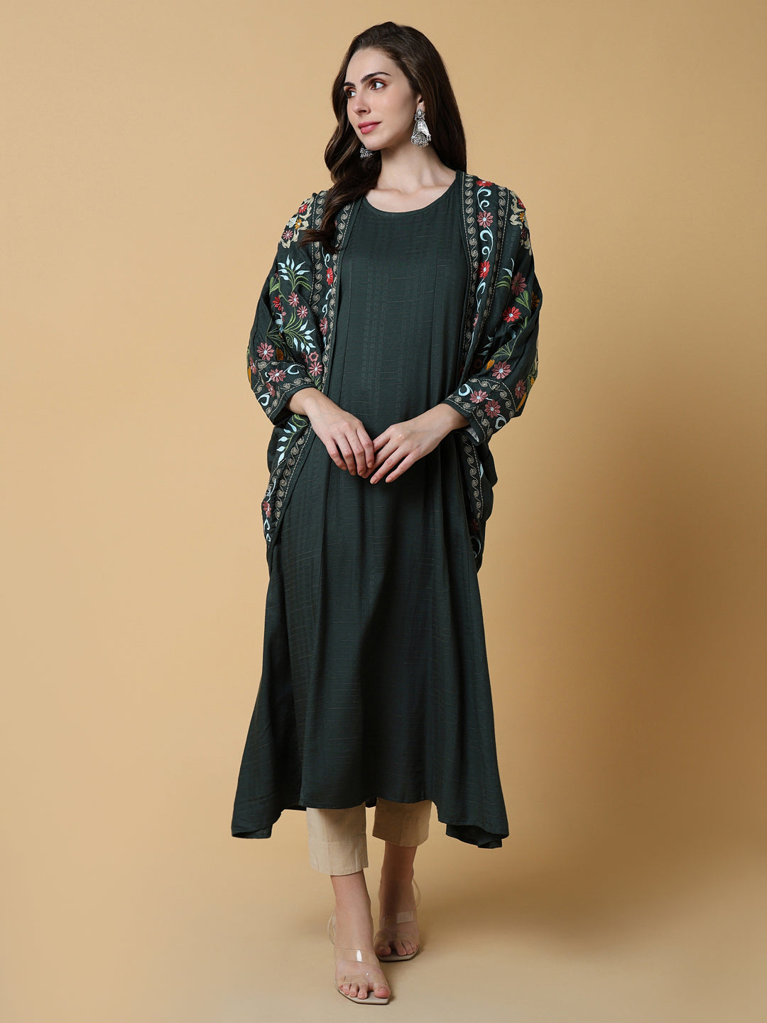 Women Green Floral A-Line Kurta with Shrug