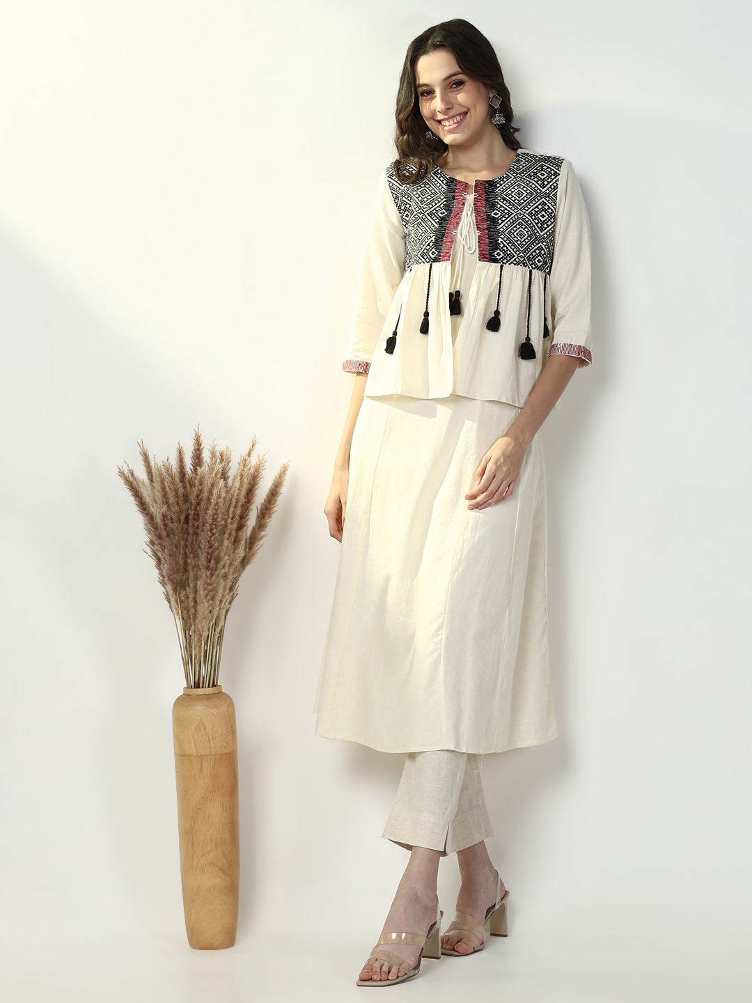 Women Cream Solid A Line Kurta with Coat