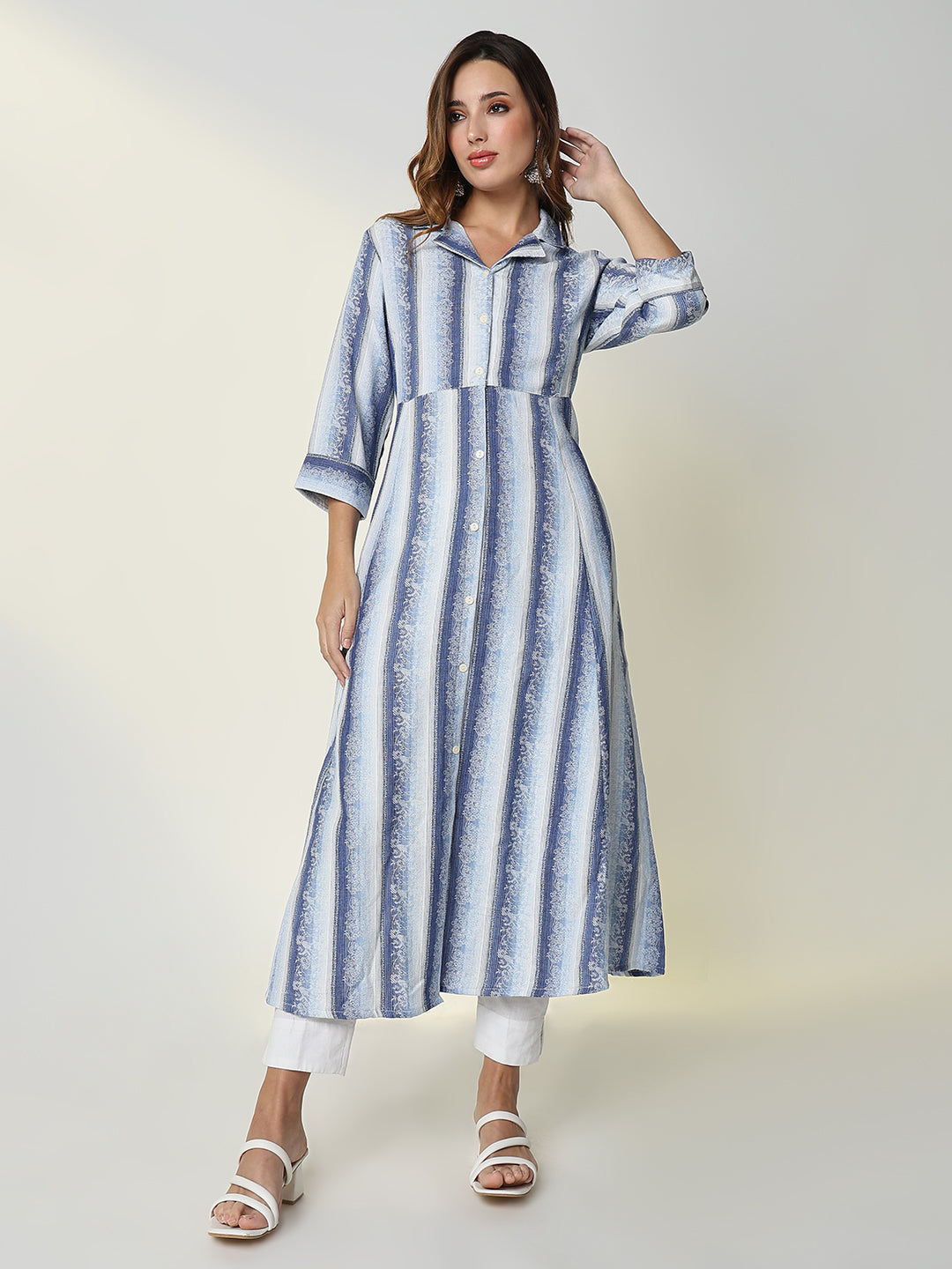 Women Blue Striped Anarkali Kurta