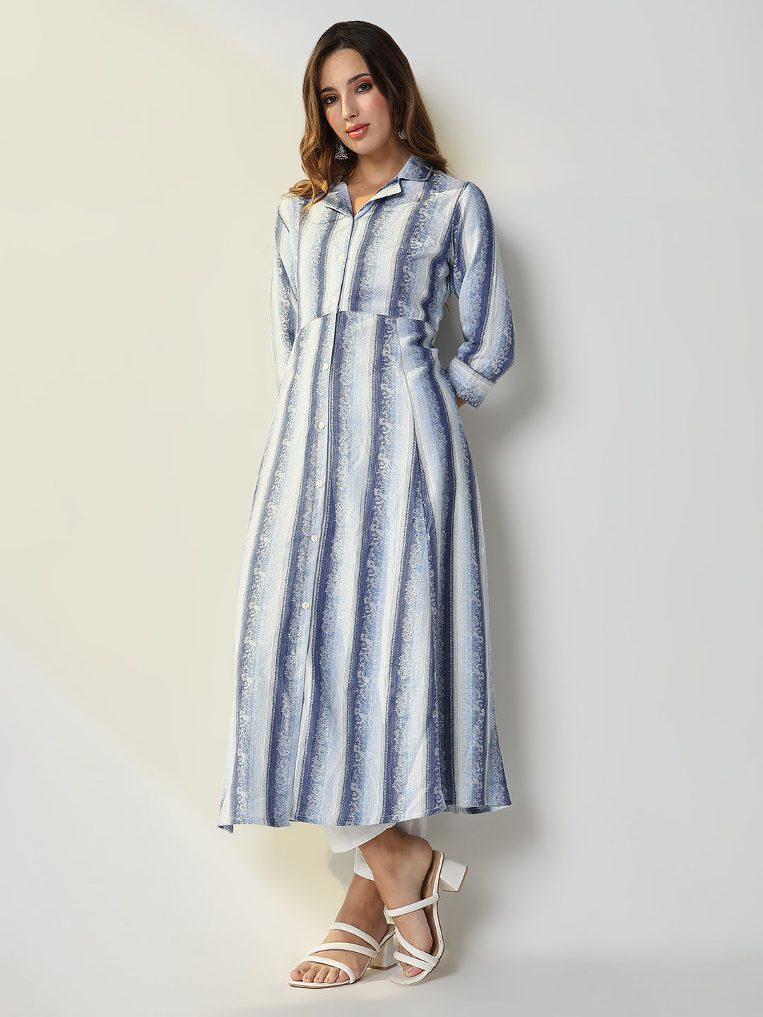 Women Blue Striped Anarkali Kurta