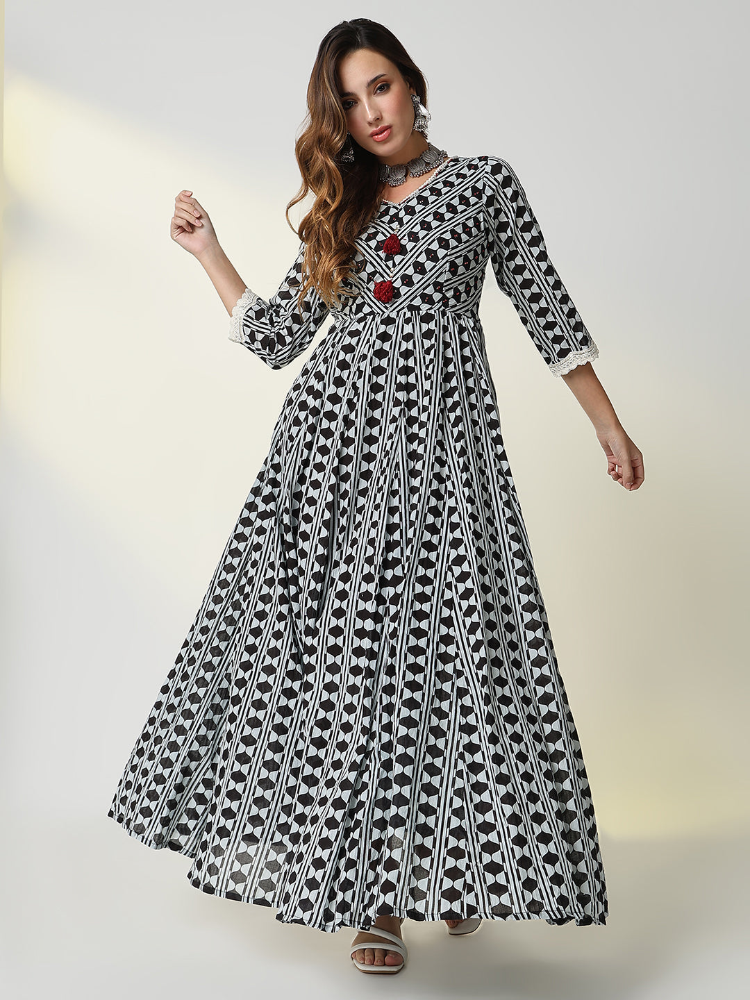 Women Black Geometric Anarkali Kurta