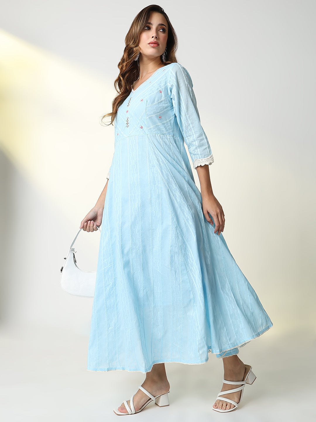 Women Blue Striped Anarkali Kurta