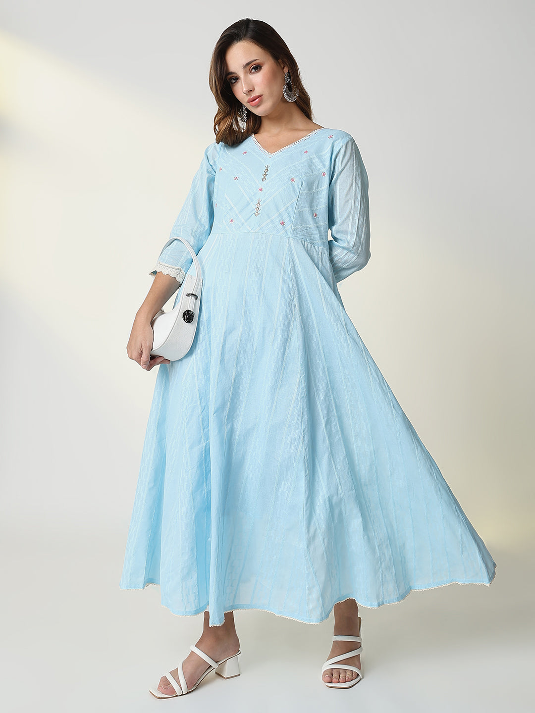 Women Blue Striped Anarkali Kurta