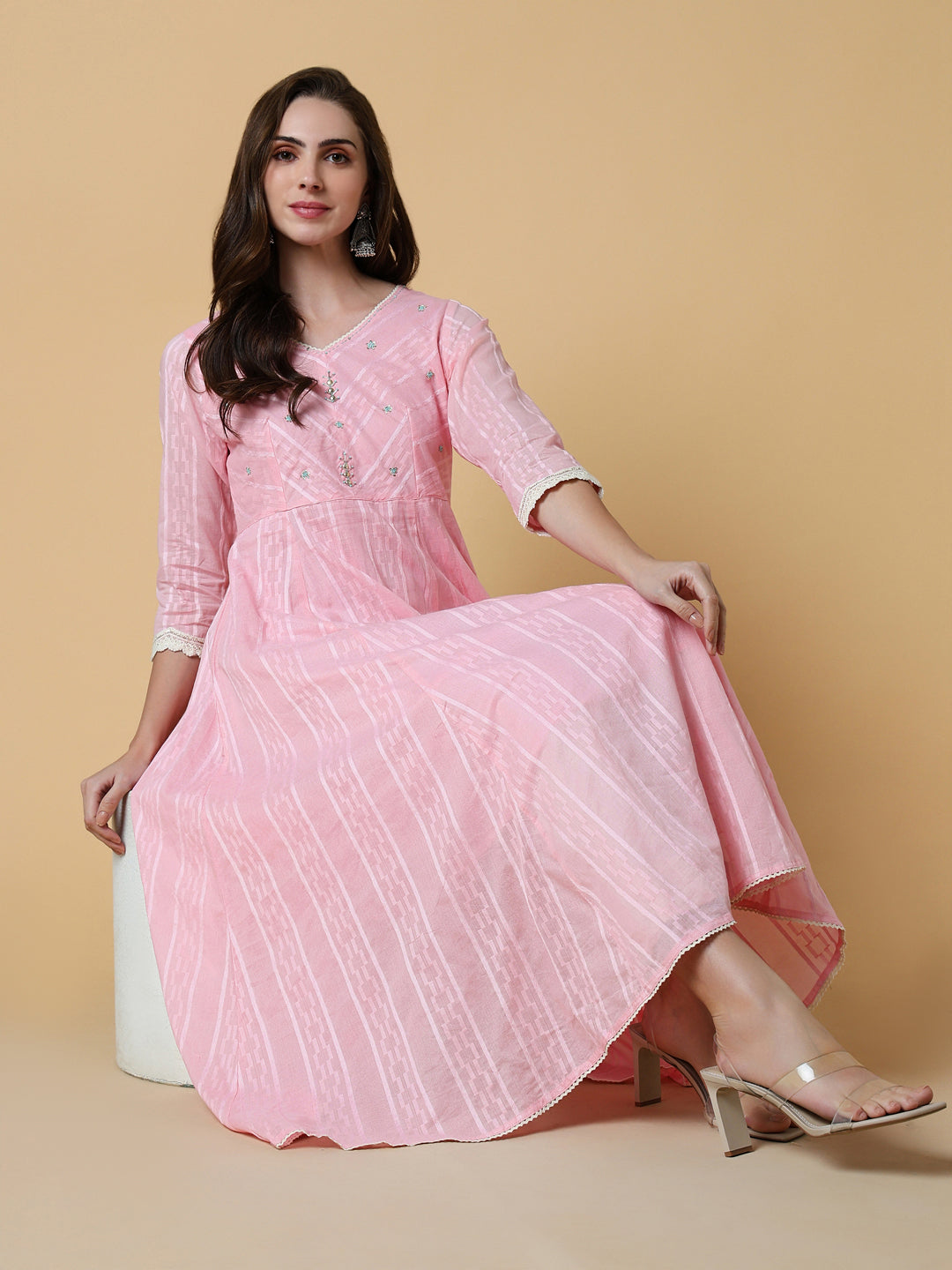 Women Pink Solid A-Line Kurta