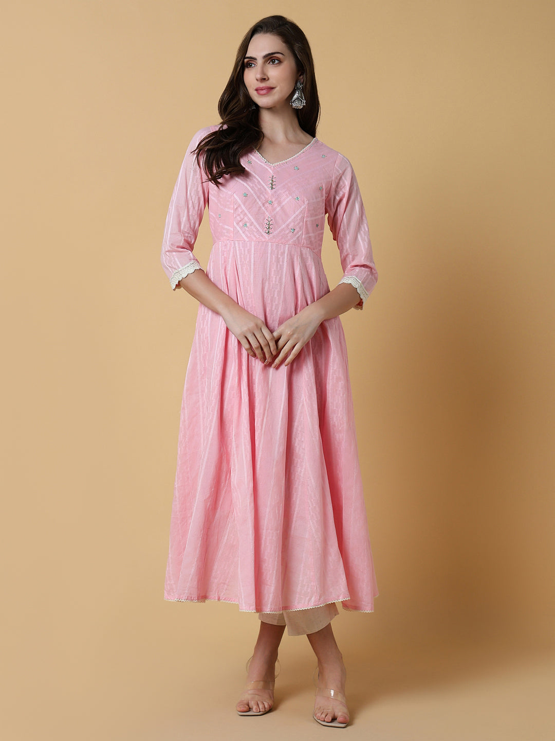 Women Pink Solid A-Line Kurta