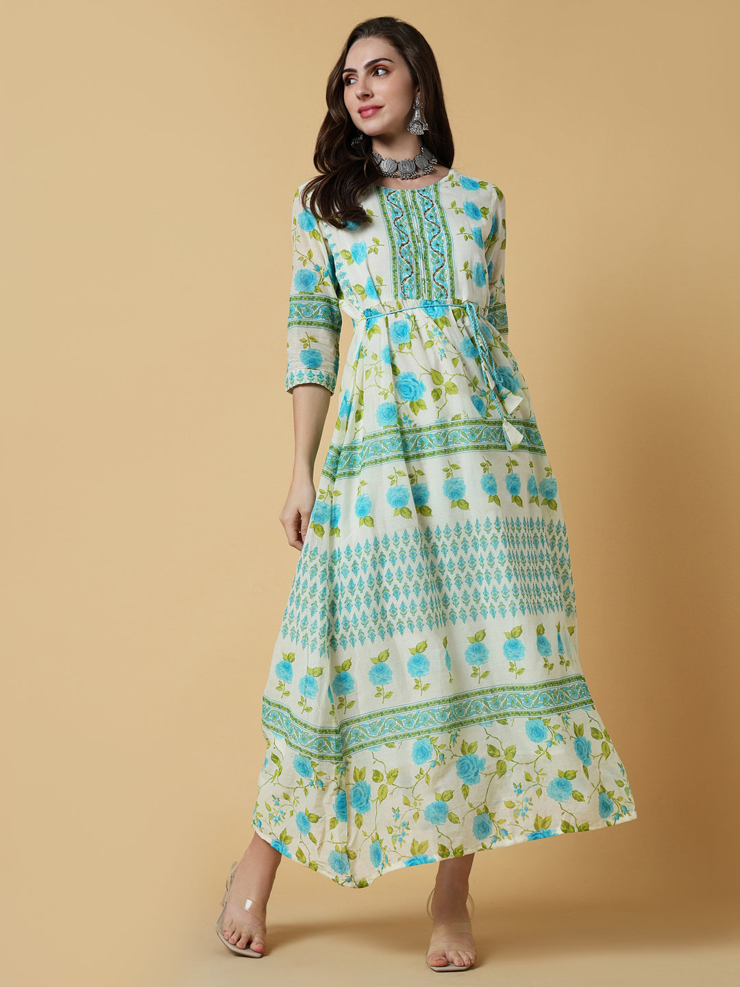 Women Off White Floral A-Line Kurta