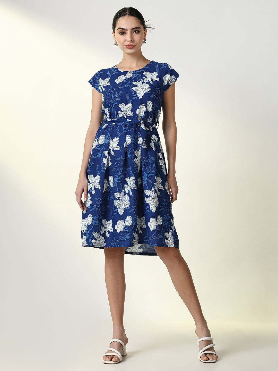 Women Blue Floral Fit and Flare Dress