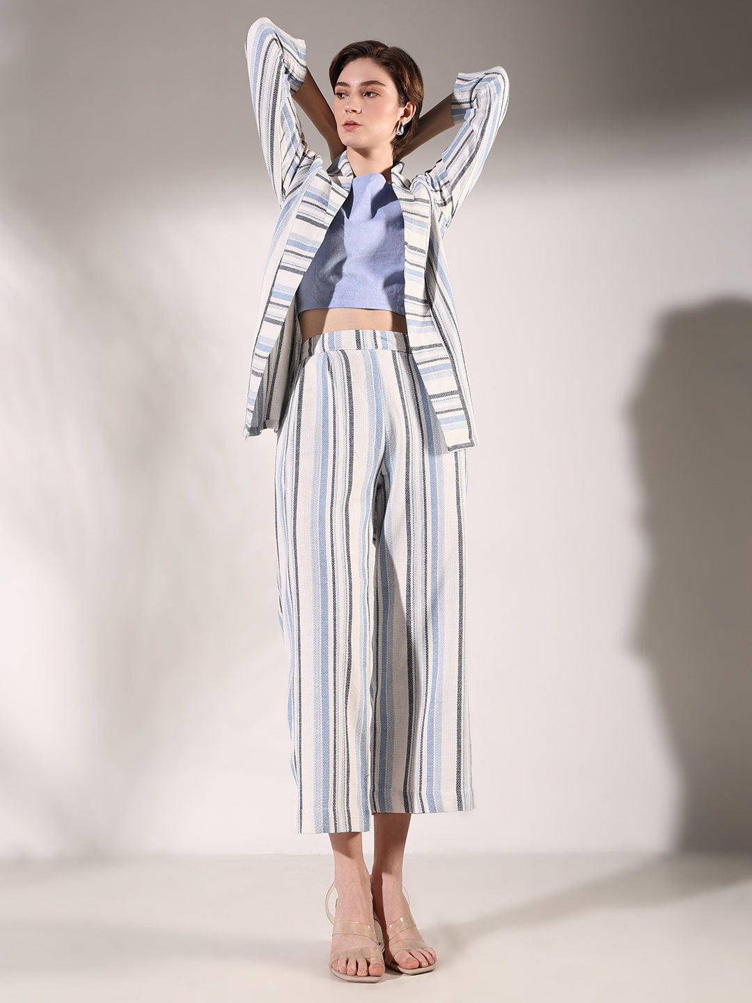 Women Striped Blue Co Ords Set with Blazer