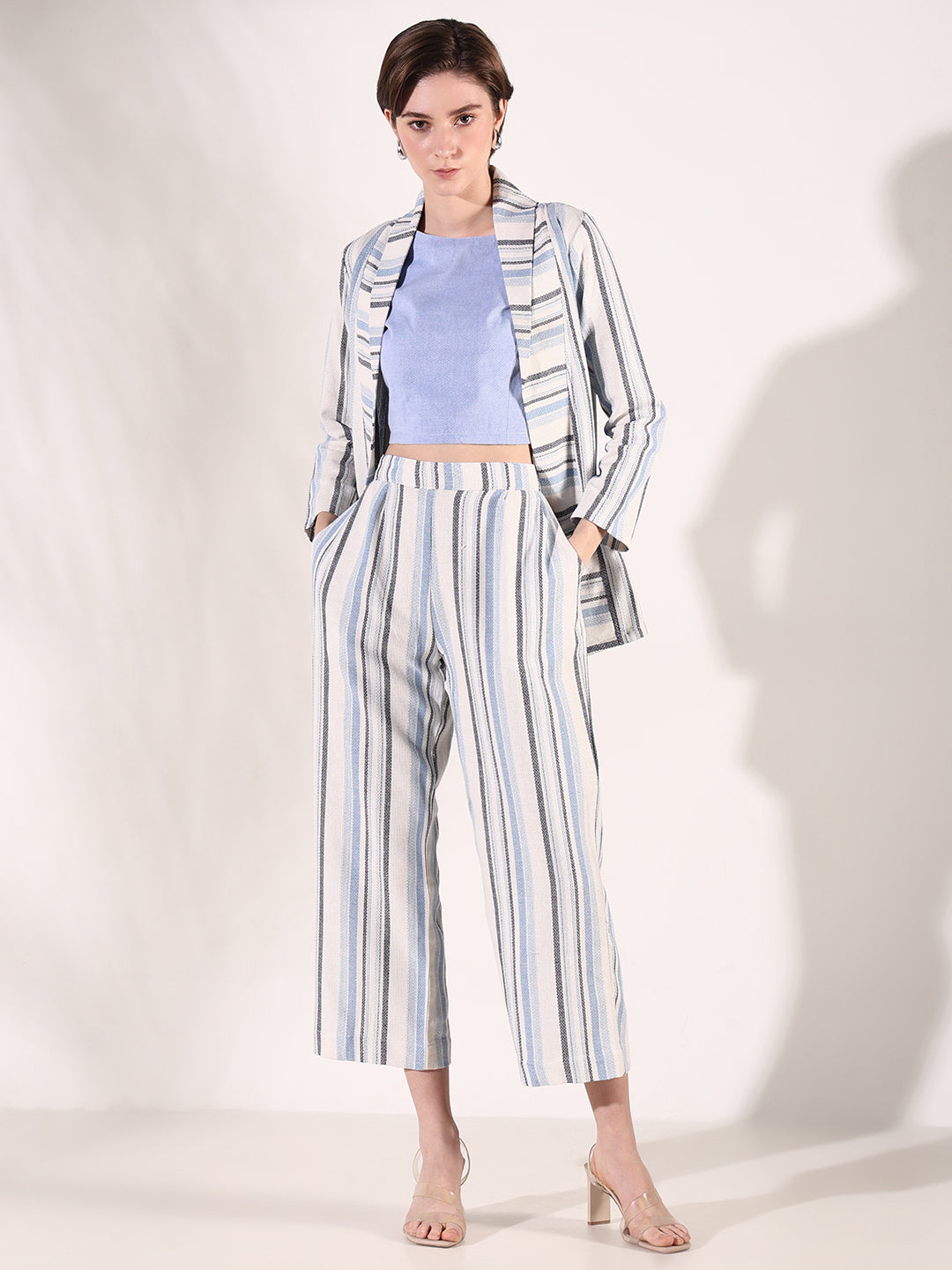 Women Striped Blue Co Ords Set with Blazer