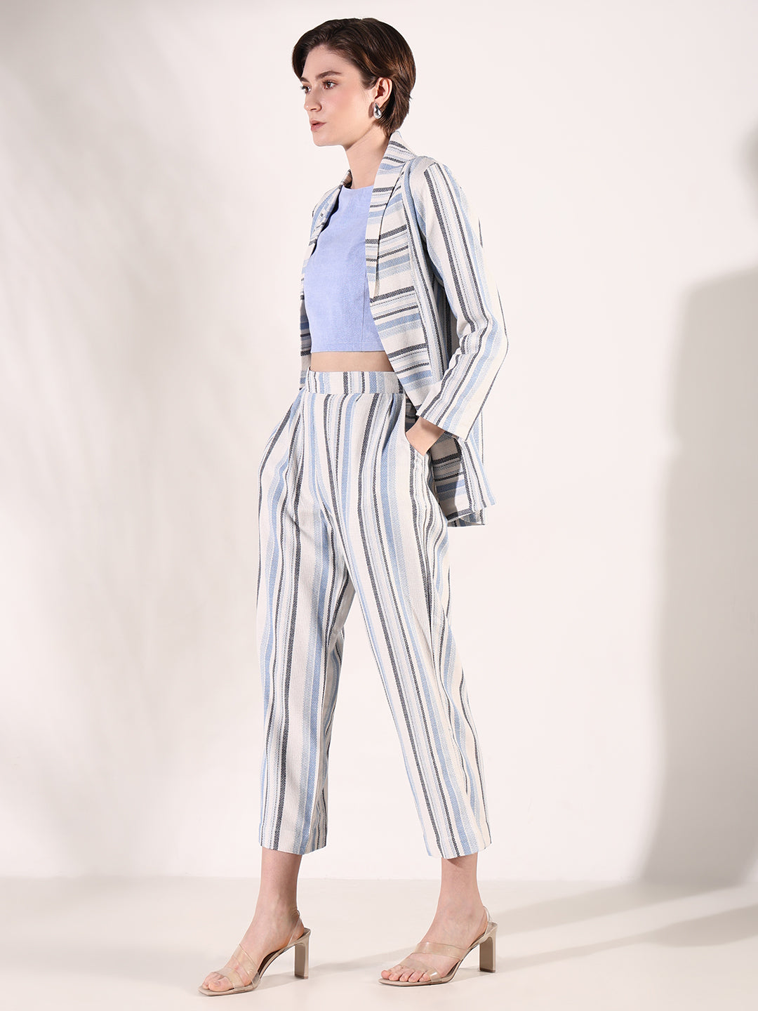 Women Striped Blue Co Ords Set with Blazer