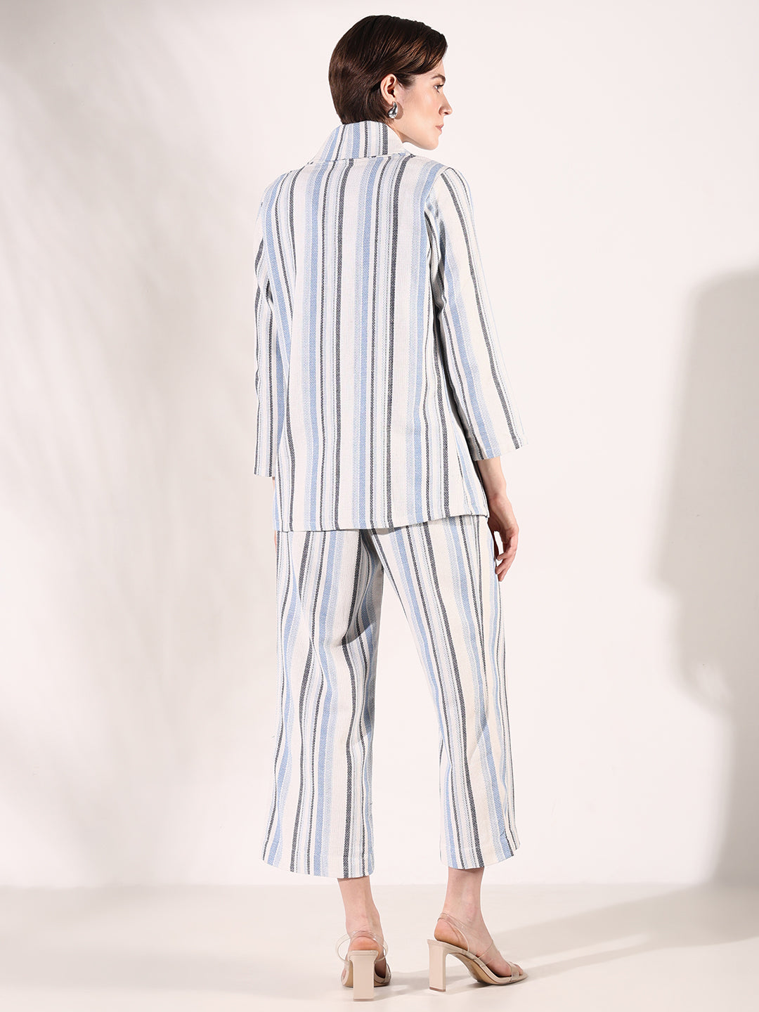 Women Striped Blue Co Ords Set with Blazer