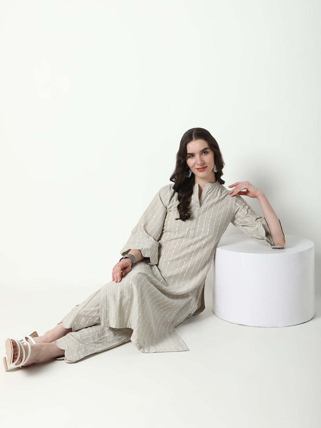 Women Beige Striped Straight Kurta Set