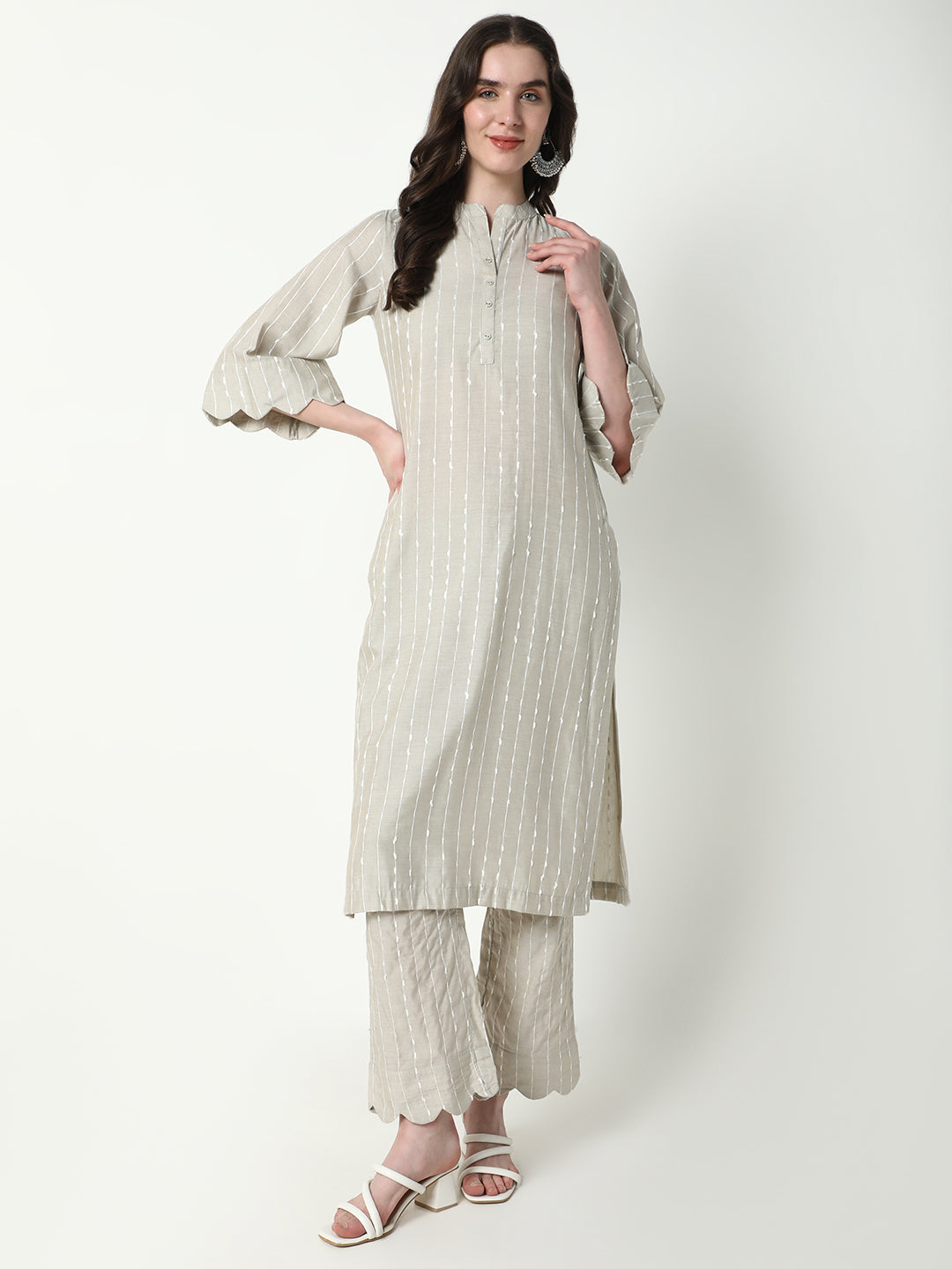 Women Beige Striped Straight Kurta Set