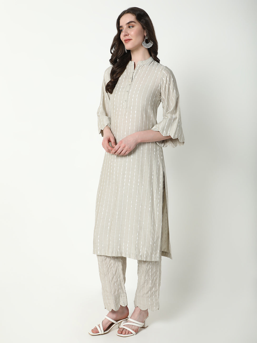 Women Beige Striped Straight Kurta Set