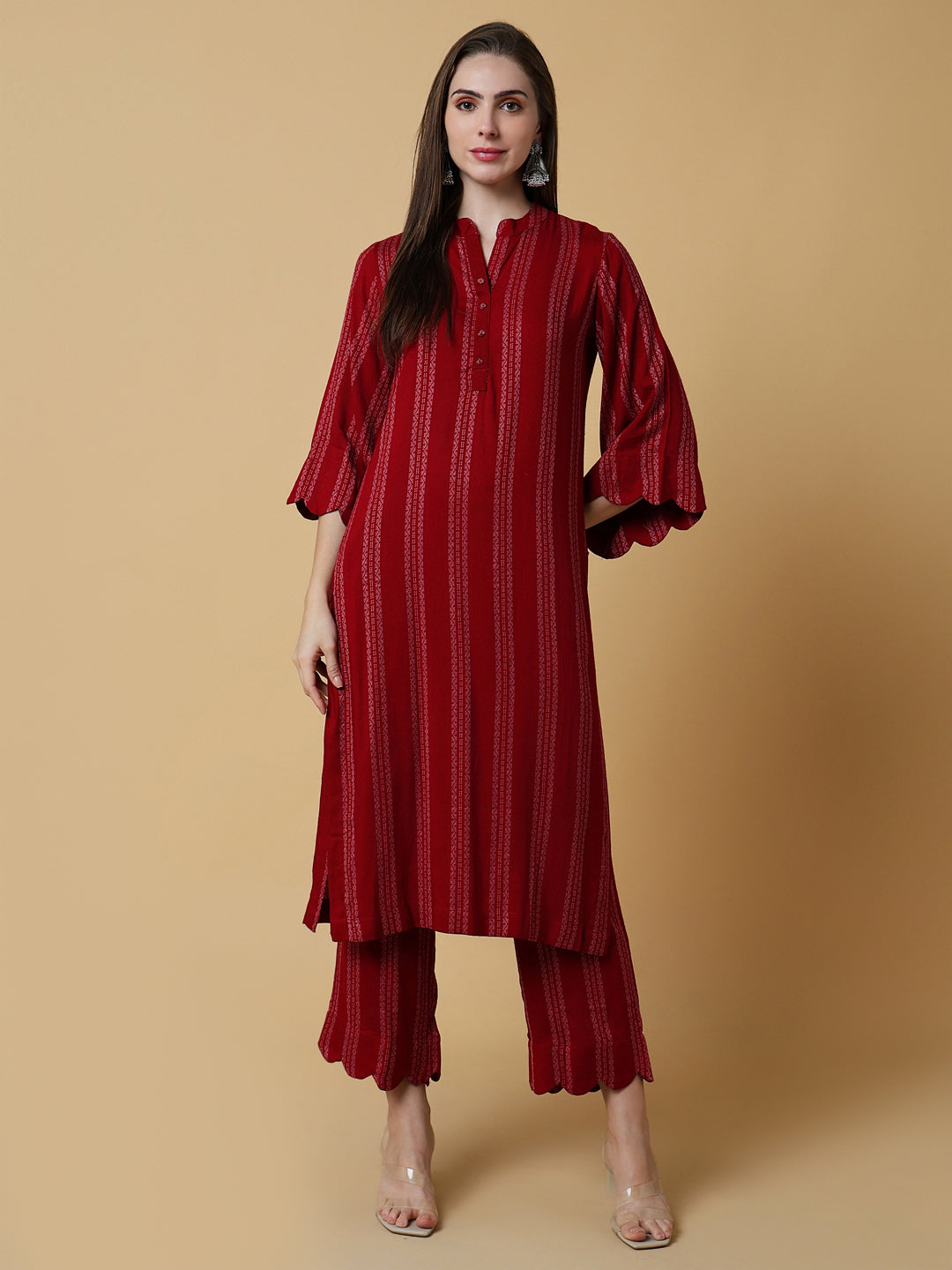 Women Striped Red Straight Kurta Set