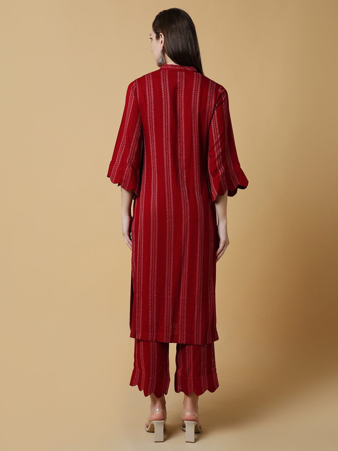 Women Striped Red Straight Kurta Set