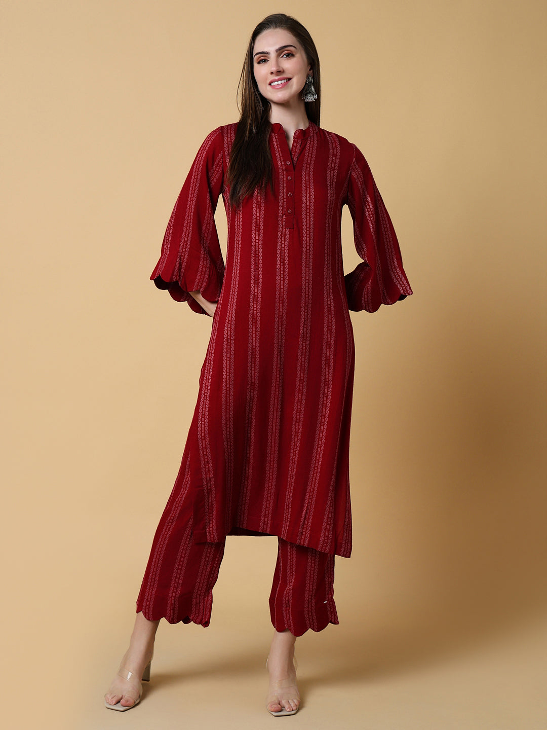 Women Striped Red Straight Kurta Set