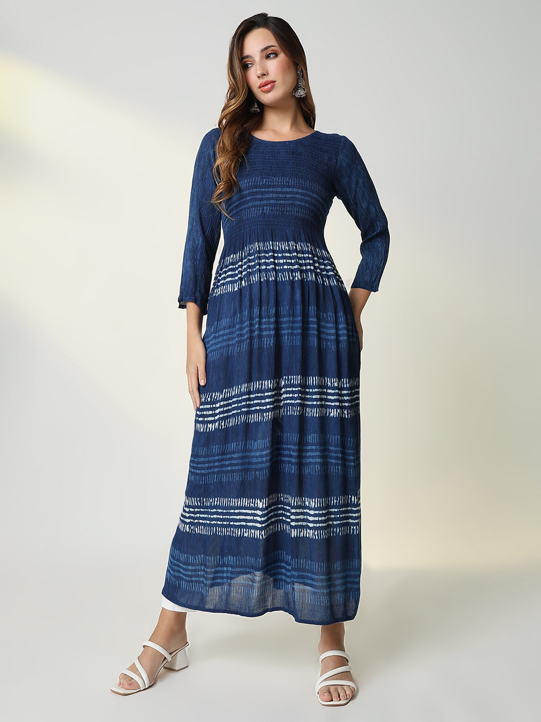 Women Navy Blue Striped Anarkali Kurta