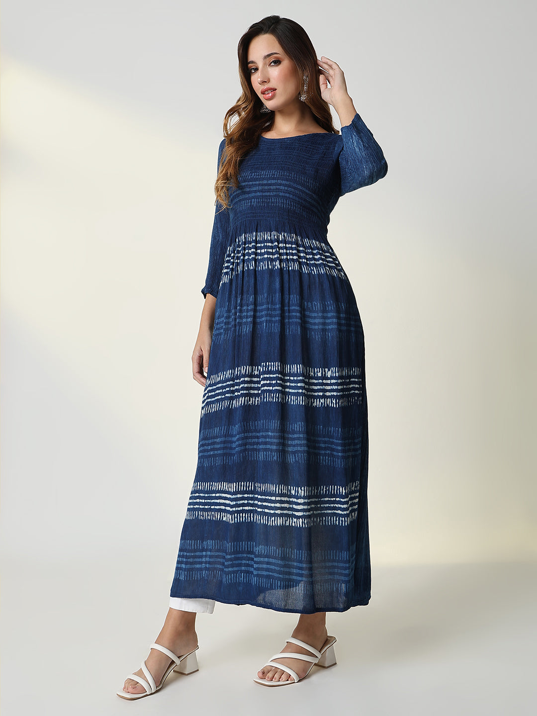 Women Navy Blue Striped Anarkali Kurta