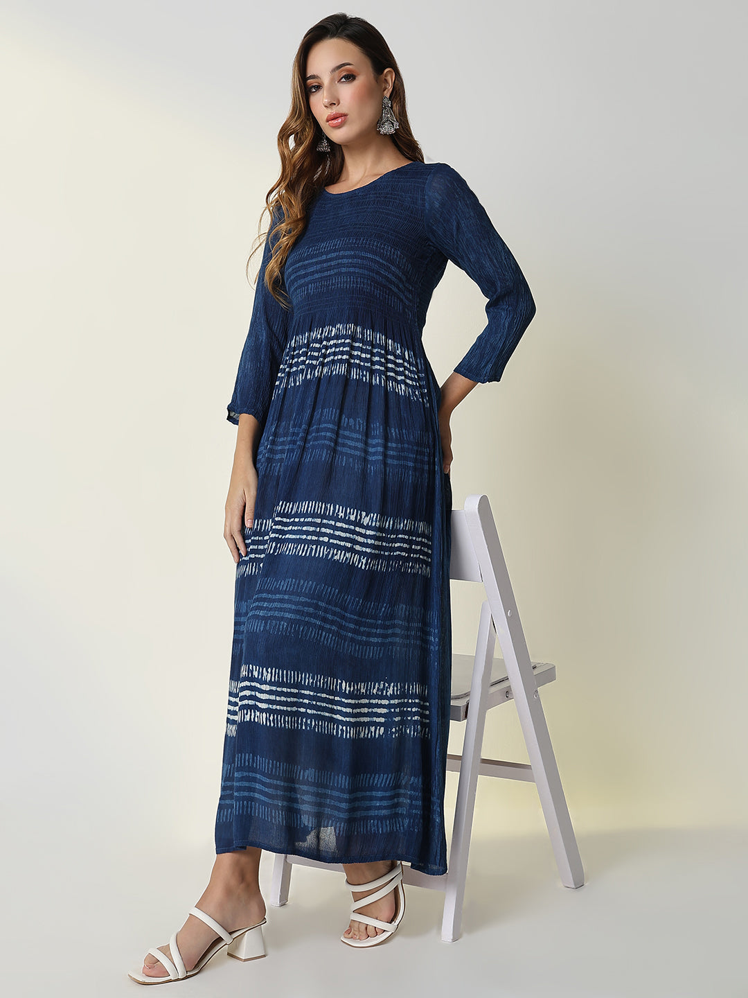 Women Navy Blue Striped Anarkali Kurta