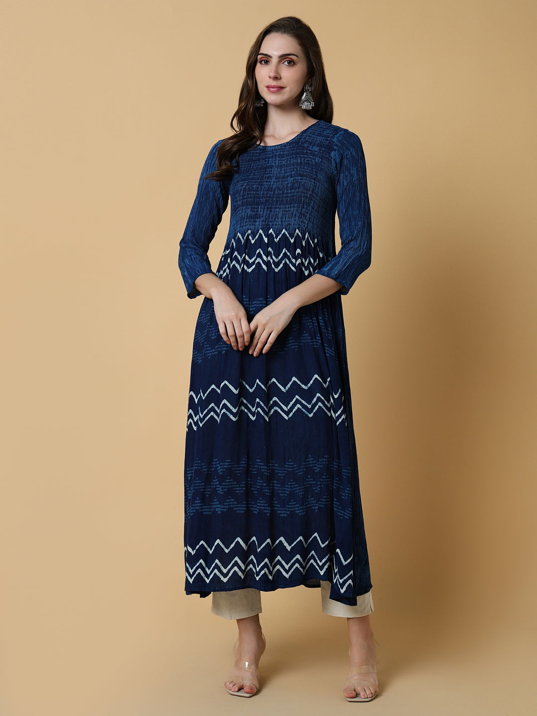 Women Navy Blue Graphic Anarkali Kurta